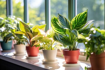 An array of potted Aglaonema plants on a sunlit windowsill, variety of leaf patterns that enhance interior decor while highlighting the aesthetic appeal and air-purifying attributes of indoor plants.