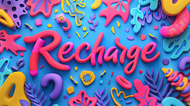 A person is seen in a colorful background with the word "Recharge" on it.