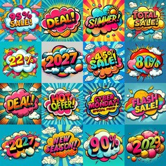 Sale stickers pop art style. AI generated illustration