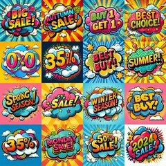 Obraz premium Sale stickers pop art style. AI generated illustration