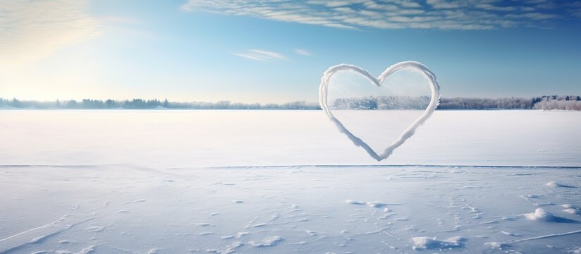 Heart shape love sign, drawn on a snow-covered ice with copy space