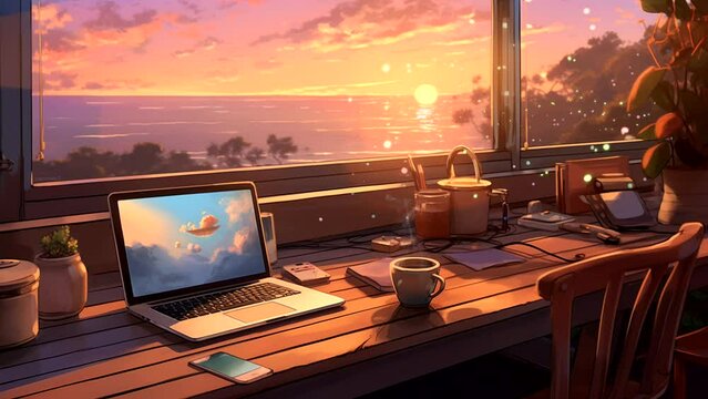 Lofi music studio at dusk, for Lofi music background. seamless looping 4k time-lapse animation video background 