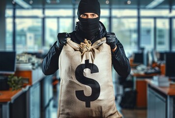 A thief in a black balaclava with a bag of money at a bank office
