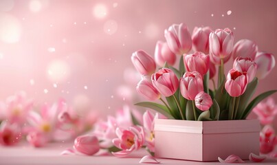 Pink tulips Bouquet in a box with beauty bokeh background. Post card, holidays.