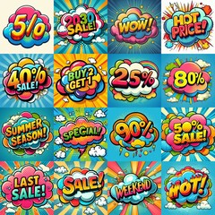 Fototapeta premium Sale stickers pop art style. AI generated illustration
