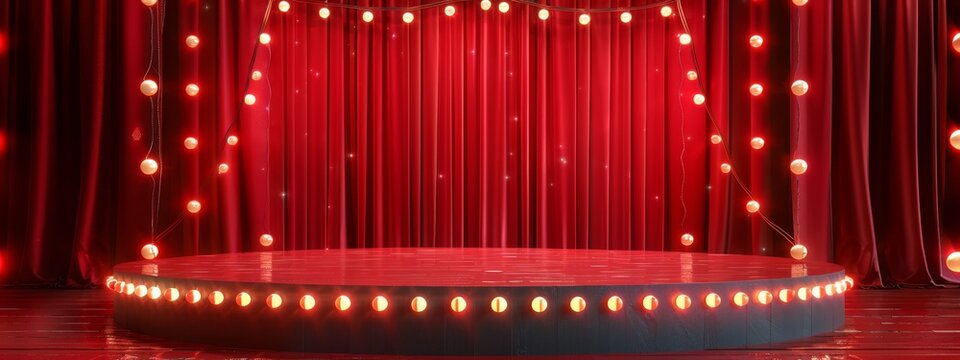 Circus stage podium background 3D carnival light red show curtain. Circus platform stage podium tent theater arena sign vintage spotlight circle stand bulb ringmaster ring cirque cartoon party cinema.