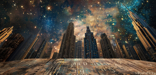 An otherworldly cityscape of towering skyscrapers reaching towards a star-filled sky, painted on a canvas with blank labels word against a dark background.