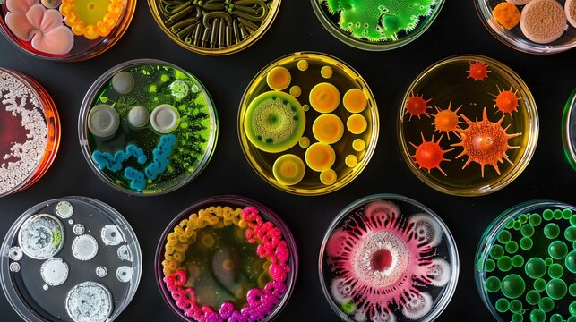 a topdown view of colorful petri dishes containing different types of bacteria