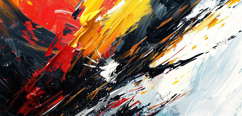Bold strokes of paint collide, creating a dynamic clash of colors and textures.