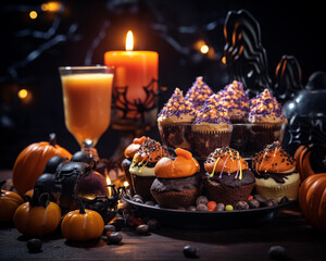 Halloween pumpkin head jack-o-lantern, treats and sweets. Happy Halloween background. Scary Lantern. All saints day. Day of Death..