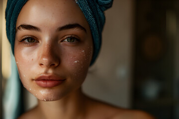 Close-up of a serene young woman with a towel turban applying a nourishing face mask in a warm, natural light setting.
 - obrazy, fototapety, plakaty