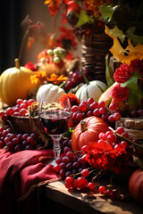 Obraz na płótnie Canvas Happy Thanksgiving day traditional dinner setting meal. Pumpkins, fruits and turkey background. Celebrating autumn holidays.