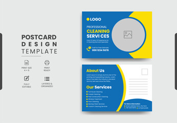 Professional cleaning services postcard template design, creative modern cleaning services agency postcard.