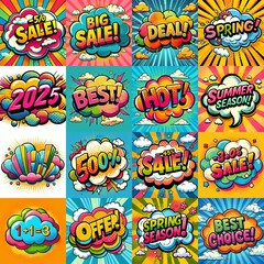Fototapeta premium Sale stickers pop art style. AI generated illustration