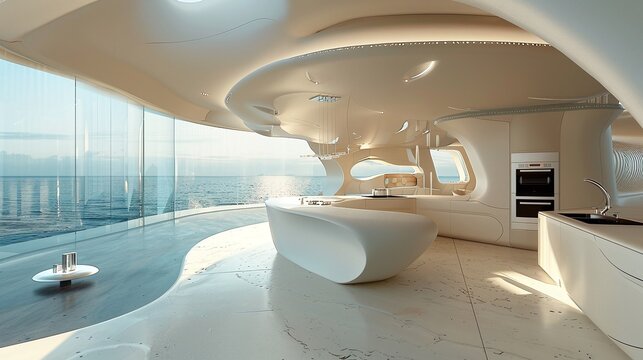 modern and luxurious kitchen with a futuristic organic architecture design, providing a stunning ocean view and featuring innovative and fictional elements in a contemporary home setting