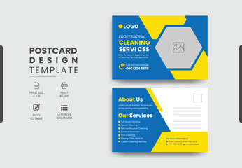 Professional cleaning services postcard template design, creative modern cleaning services agency postcard.