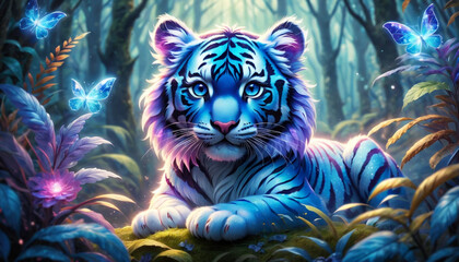  Blue and white tiger in the jungle, surrounded by glowing butterflies, in the style of fantasy art