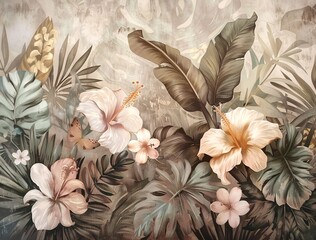 A vintage-inspired botanical mural with an array of large