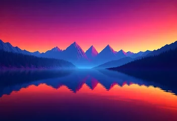 Papier Peint photo autocollant Rose  A Neon Pink Square Frame Illuminates a Serene Lake, with Purple Mountains in the Background. The Scene is Enveloped by the Soft Glow of Fireflies.