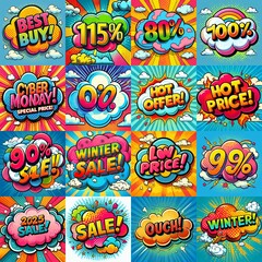Fototapeta premium Sale stickers pop art style. AI generated illustration