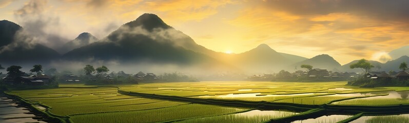 Field of ripe rice at dusk background - obrazy, fototapety, plakaty