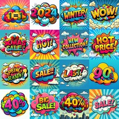 Fototapeta premium Sale stickers pop art style. AI generated illustration