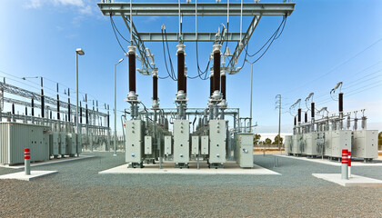 A modern, high-tech electrical substation on a clear, bright day. The substation is equipped with modern switchgear and several large transmission transformers designed to supply high voltage electric - obrazy, fototapety, plakaty