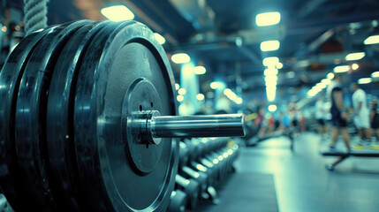 Fototapeta premium Blurred gym interior background with people making exercise and barbell close up, sport fitness equipment banner. 