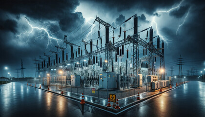 An electrical substation on a stormy evening when lightning illuminates the sky. The substation, an important high voltage power distribution hub, is equipped with a robust switchgear and several larg