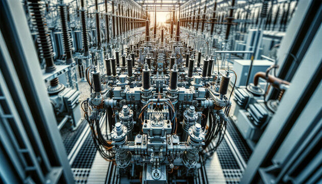 Complex switchgear components of an electrical substation with transmission transformers in the background. Equipment and electrical components.