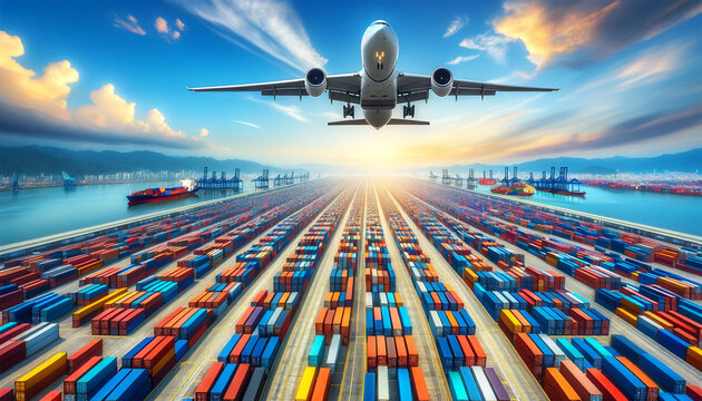 An airplane is in the sky, directly above a huge array of multi-colored cargo containers. The containers are neatly organized in the expansive warehouse area, symbolizing a busy hub for global trade a