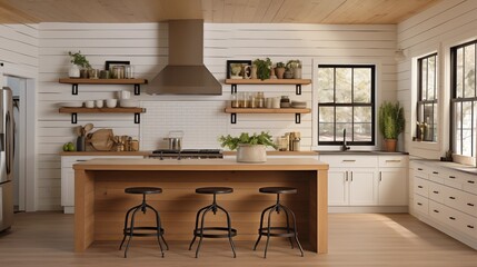 Inviting modern farmhouse kitchen with shiplap walls subway tile and warm wood accents.