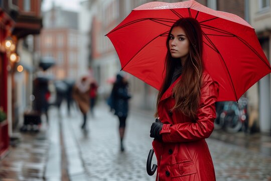 A striking woman in a red coat under a vibrant umbrella stands out on a rainy city street