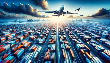 Foto op Plexiglas An airplane is in the sky, directly above a huge array of multi-colored cargo containers. The containers are neatly organized in the expansive warehouse area, symbolizing a busy hub for global trade a © Jakob