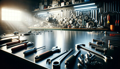 Close-up of a cold metal table, empty and awaiting action, with a background filled with automotive tools and engine parts. The tabletop reflects the ambient light of the garage, while the shadows hin