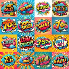 Fototapeta premium Sale stickers pop art style. AI generated illustration