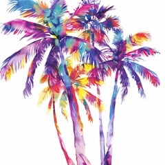 A detailed watercolor painting depicting a tall palm tree with lush green fronds against a colorful, abstract background