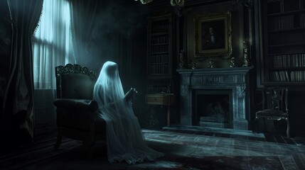 Eerie figure shrouded in white haunts a dark, Victorian room with an air of ghostly solitude - obrazy, fototapety, plakaty