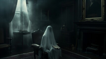 Eerie figure shrouded in white haunts a dark, Victorian room with an air of ghostly solitude - obrazy, fototapety, plakaty