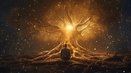 Man meditating at night near a tree with strong roots, in a magical environment with golden light and sparkles. Energy work, spiritual practice, power of the mind.