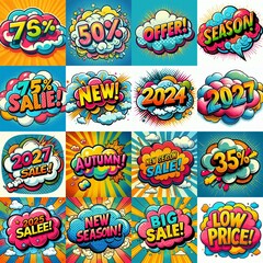 Fototapeta premium Sale stickers pop art style. AI generated illustration