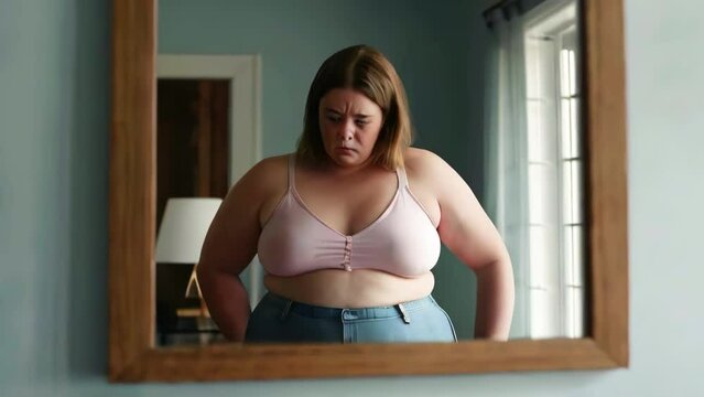 Sad caucasian woman worries about being overweight near mirror in room. Problem of obesity and excess calories in nutrition.