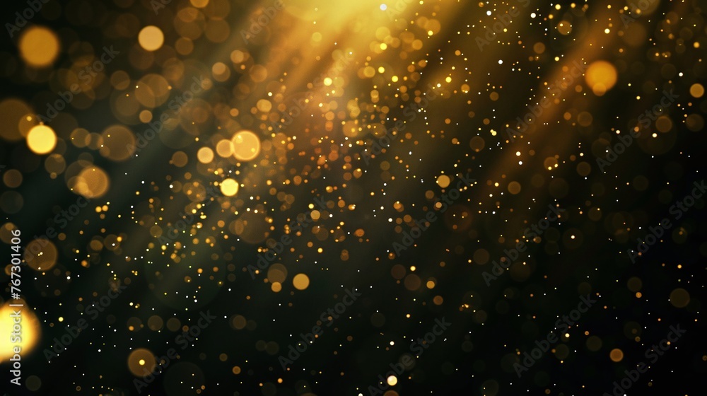 Poster lens flare and bokeh effect on abstract dark black background, showcasing golden yellow color flecks