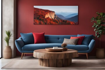 red curved sofa with blue cushions and round rustic wood coffee table against stucco wall with poster. interior design of modern living room