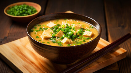 Bowl of delicious miso soup with tofu and green onions on a wooden table closeup macro shot, asian food concept