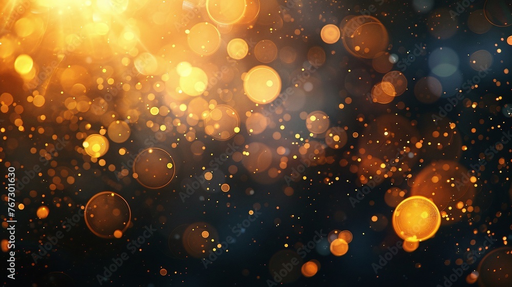Poster defocused golden yellow bokeh and light flare on dark black background, emphasizing abstract lens an