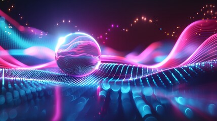 Abstract background with neon light lines and glowing sphere