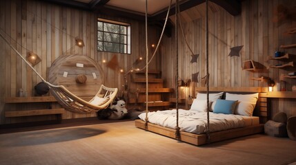 Kids' fort-inspired bedroom with wood plank walls tire swing and suspended indoor treehouse.