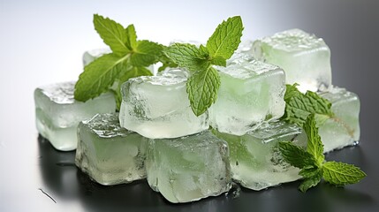 Natural crystal clear melting ice cubes and fresh green mint leaves