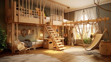Obraz na płótnie Canvas Kids' fort-inspired bedroom with indoor treehouse loft swing rope bridge access and climbing wall.